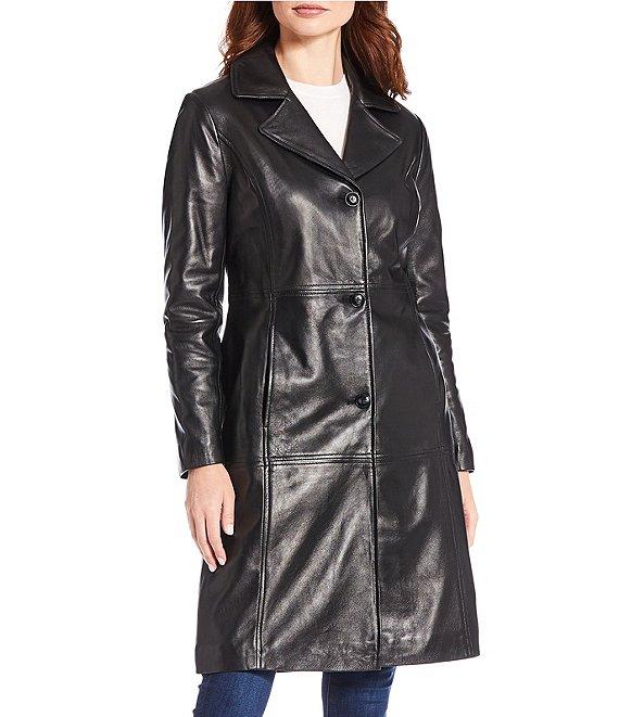 Katherine Kelly Genuine Lamb Leather Notch Collar Button Front Coat Product Image