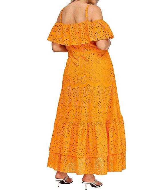 Layered With Love Plus Size Square Neck Off-The-Shoulder Ruffle Sleeves With Straps Embroidered Eyelet Fit And Flare Sundress Product Image