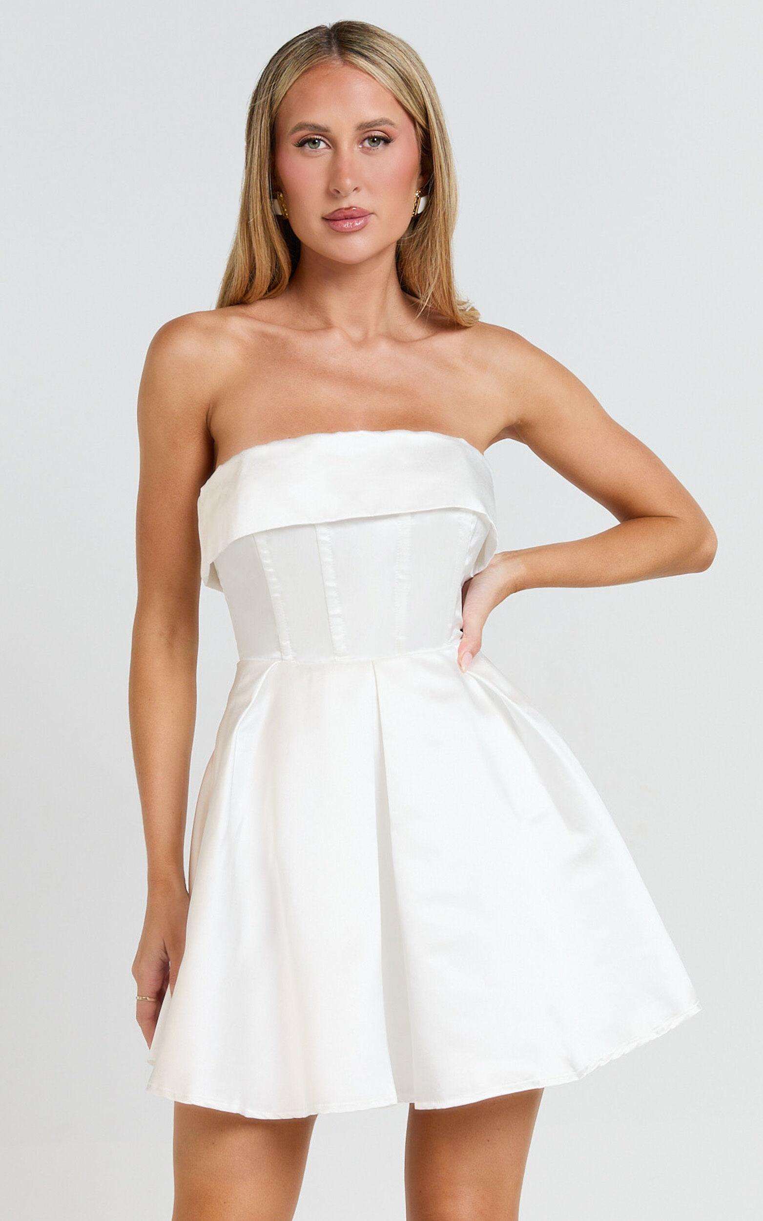 Valora Mini Dress - Strapless Fit and Flare Satin Dress in Ivory Product Image