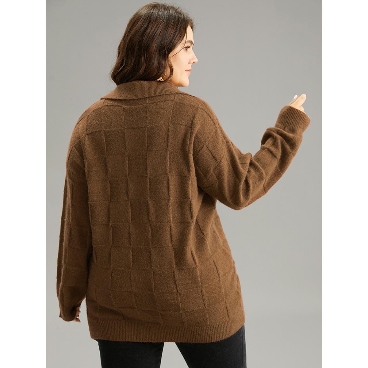 Plus Size Anti-Pilling Plisse Lapel Collar Pullover DarkBrown Women Casual Loose Long Sleeve Lapel Collar Dailywear Pullovers BloomChic 22-24/3X Product Image