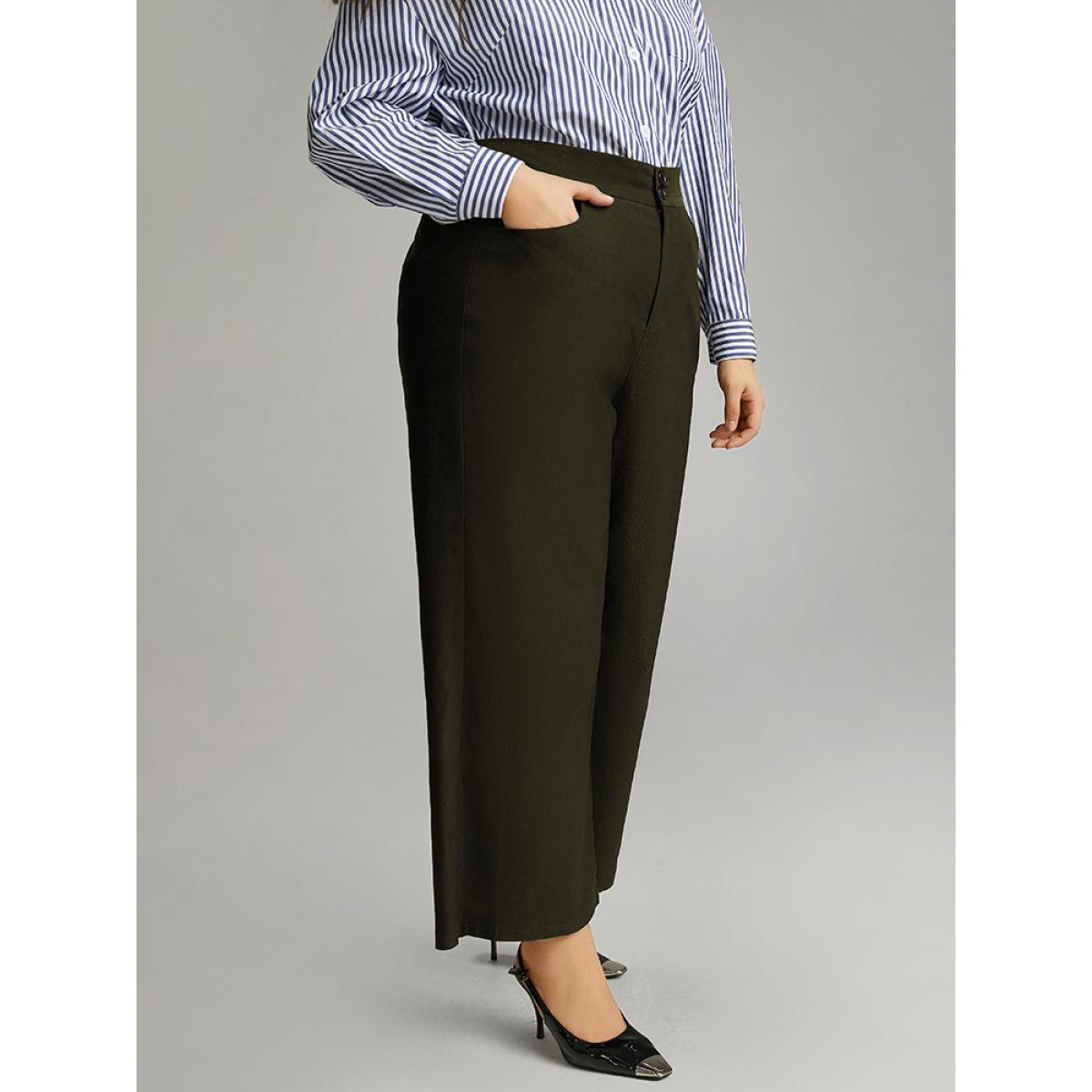 Plus Size Solid Straight Leg High Rise Pants Women ArmyGreen Elegant Straight Leg High Rise Dailywear Pants BloomChic 10/M Product Image