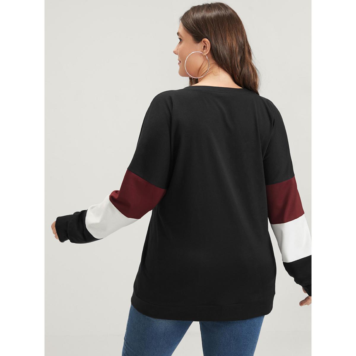 Plus Size Colorblock Patchwork Round Neck Drop Shoulder Sweatshirt Women Black Casual Contrast Round Neck Dailywear Sweatshirts BloomChic 26/4X Product Image