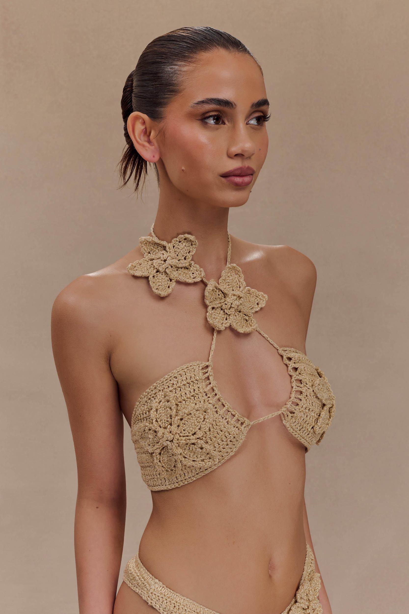 River Floral Crochet Bikini Top - Gold Product Image