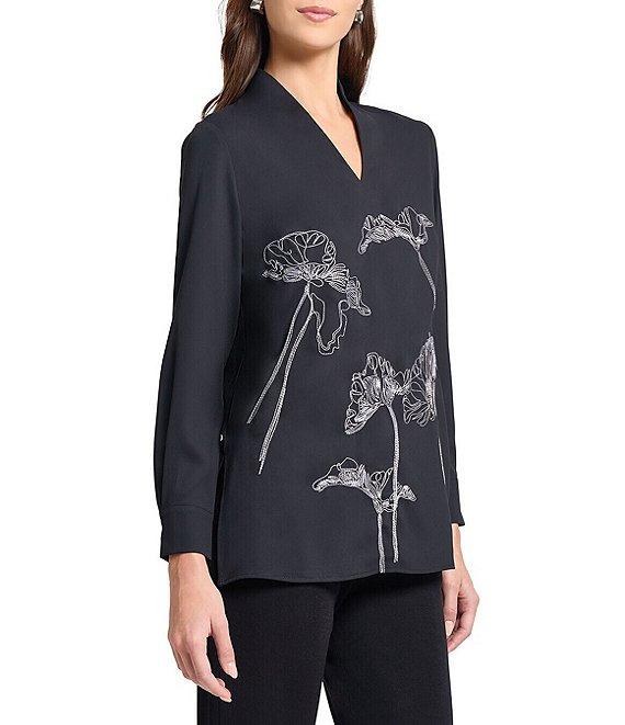 MISOOK Floral Embroidered Crepe De Chine V-Neck Long Sleeve Tunic Product Image