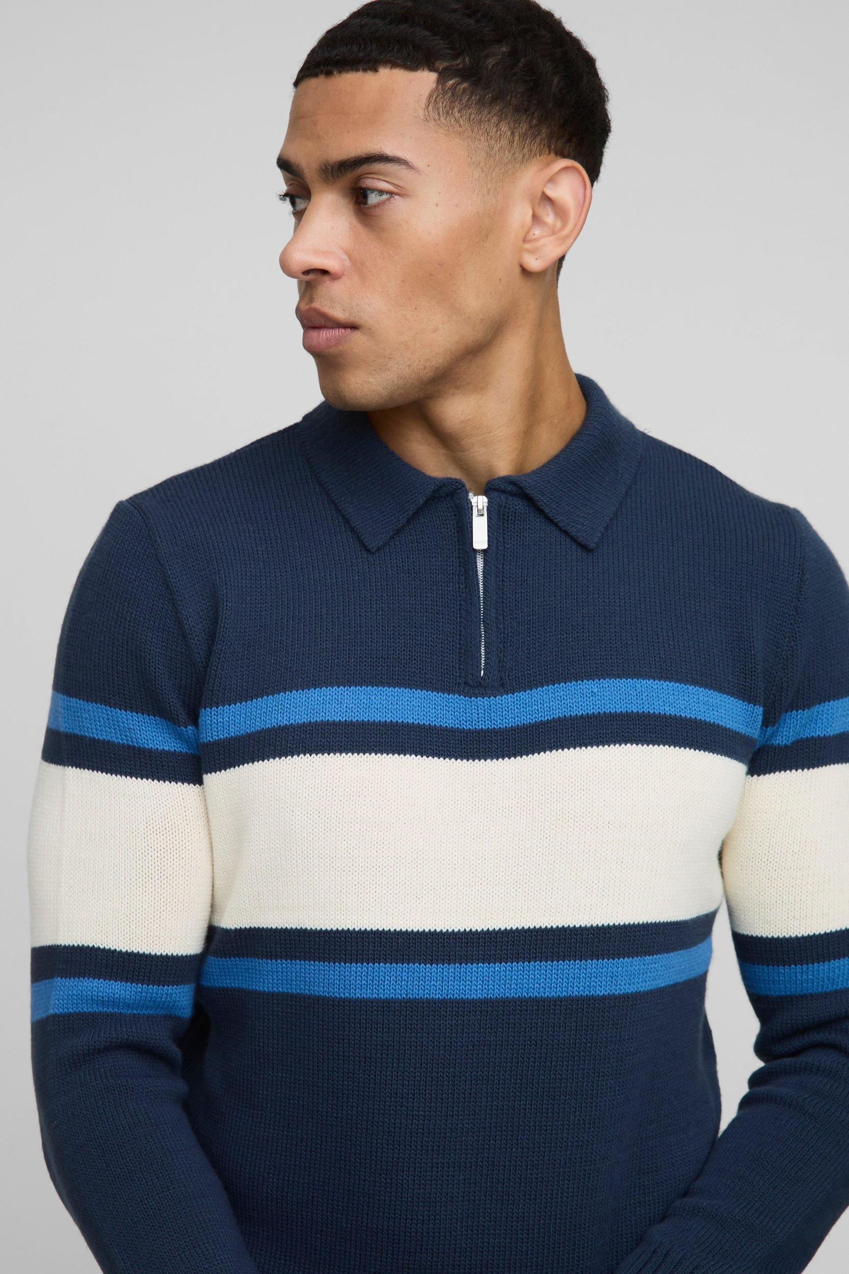 Regular Fit Long Sleeve Colour Block Panel Knitted Polo | boohooMAN USA Product Image