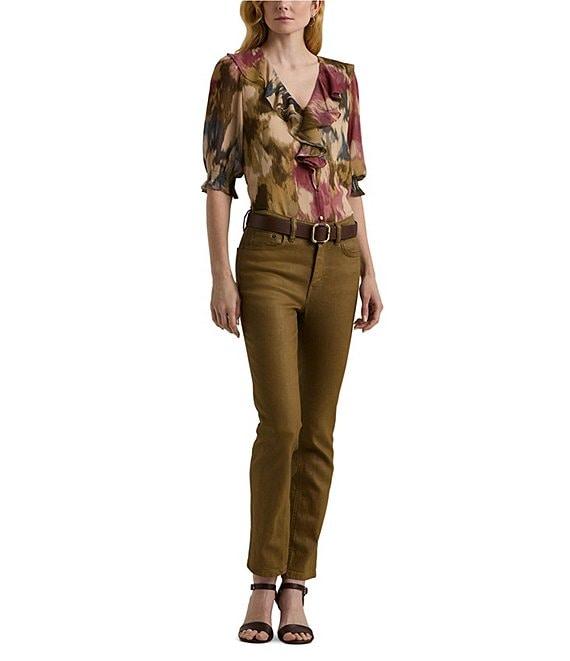 Lauren Ralph Lauren Watercolor Ruffle Trim Smocked Cuff Elbow Sleeve Length Blouse Product Image