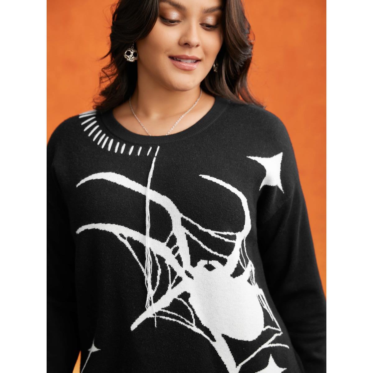 Plus Size Supersoft Essentials Spider Printed Jacquard Pullover Black Women Casual Loose Long Sleeve Round Neck Everyday Pullovers BloomChic 22-24/3X Product Image