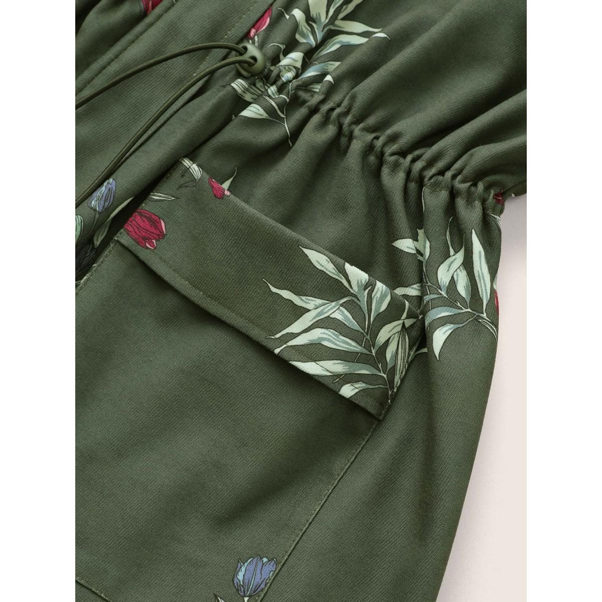 Plus Size Plants Drawstring Pocket Zipper Hooded Coat Women ArmyGreen Elegant Elastic cuffs Ladies Everyday Winter Coats BloomChic 22-24/3X Product Image