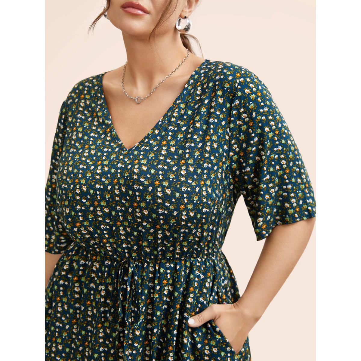 Plus Size Ditsy Floral Frill Trim Tie Knot Dress Aegean Women Elegant Frill Trim V-neck Half Sleeve Curvy BloomChic 28/5X Product Image
