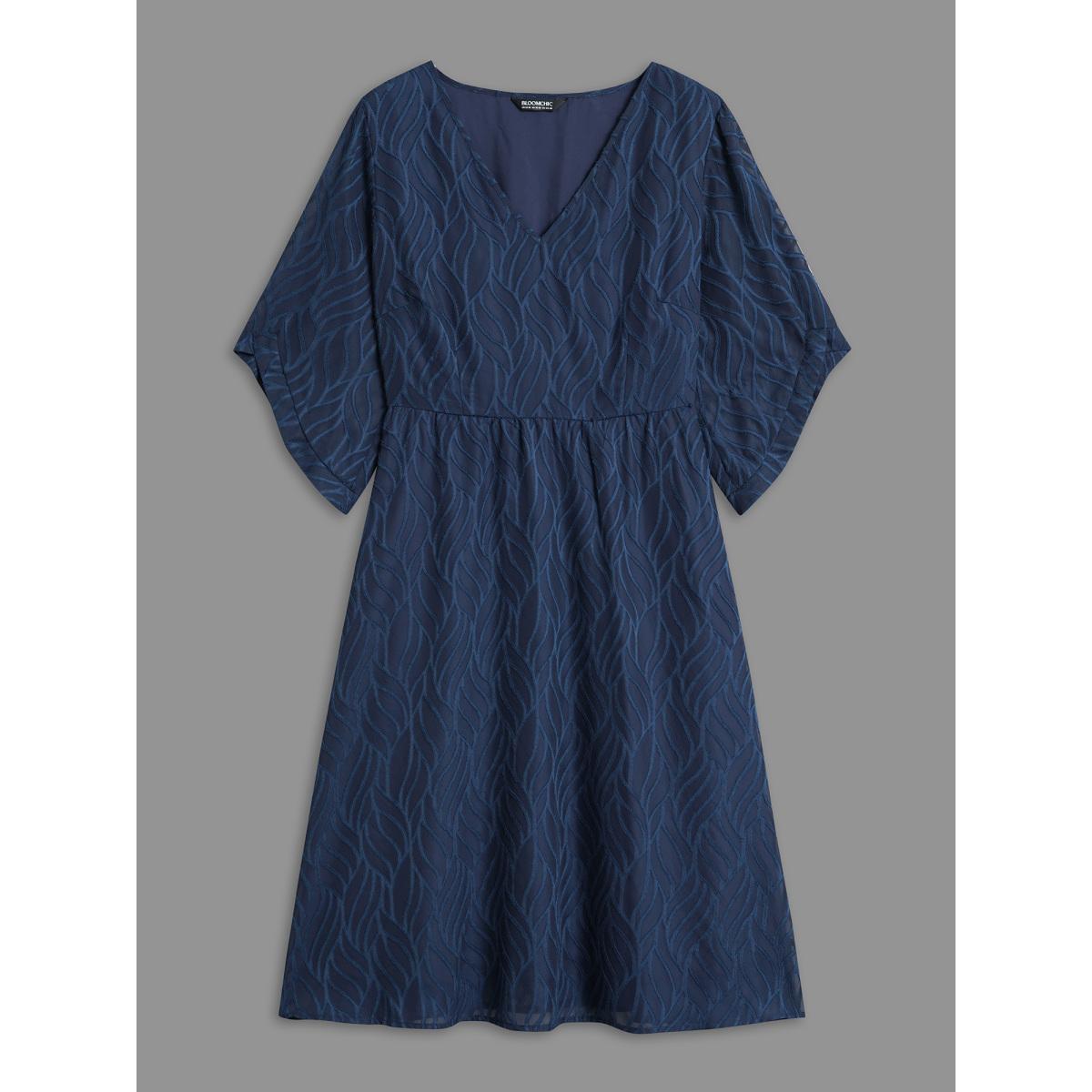 Plus Size Chiffon Textured Sheer Sleeve Midi Dress Navy Women At the Office Texture V-neck Elbow-length sleeve Curvy BloomChic 22-24/3X Product Image