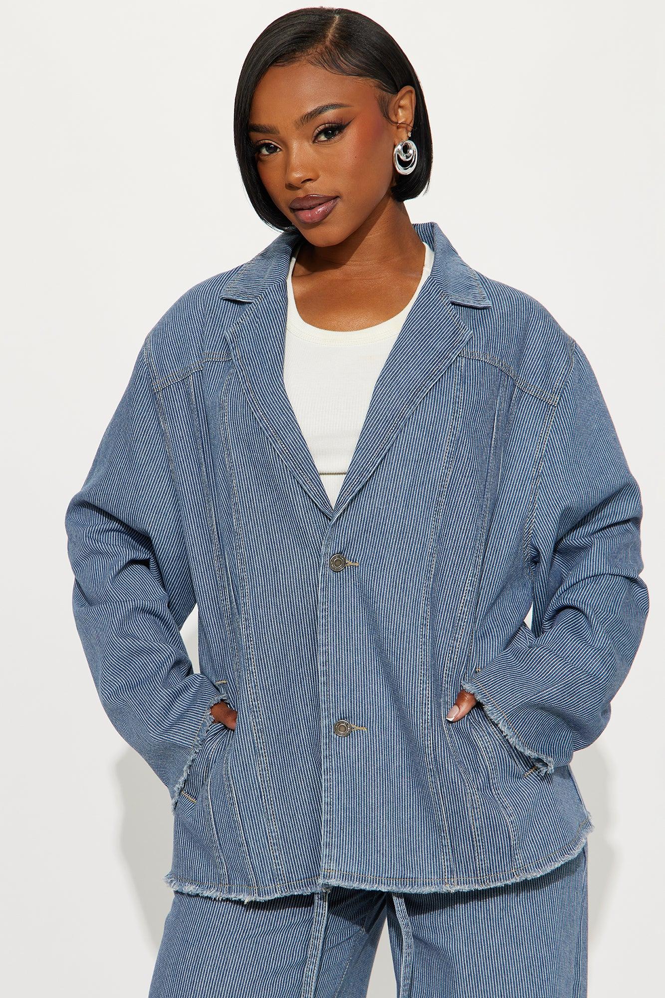 Laid Back Pinstripe Oversized Denim Blazer - Dark Wash Product Image