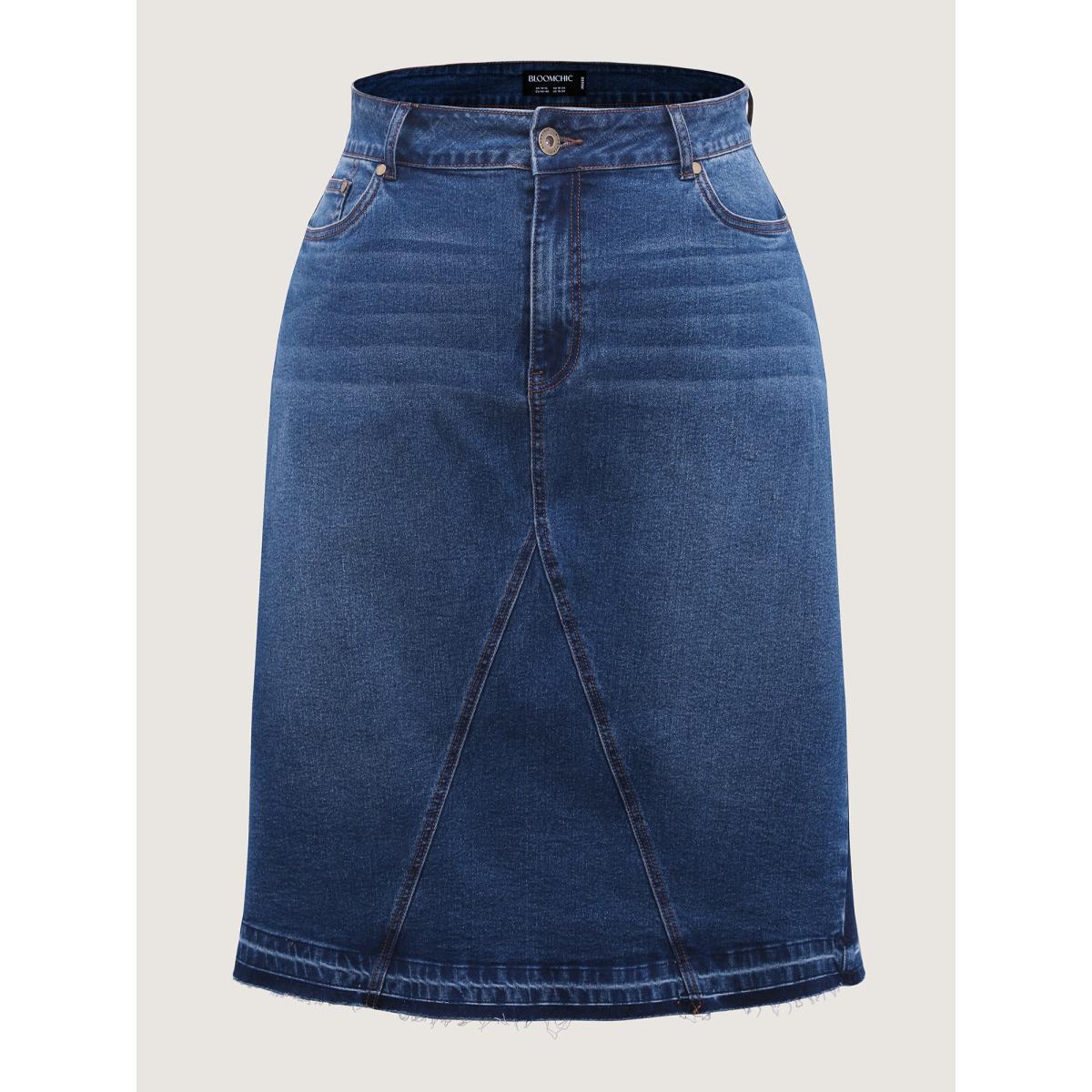 Plus Size Frayed No Slit Seamed Shadow Wash Denim Skirt Women Denimindigo Casual Contrast Medium stretch Medium Wash Mid Rise 20/2X Slanted pocket Leisure Denim Skirts BloomChic Product Image