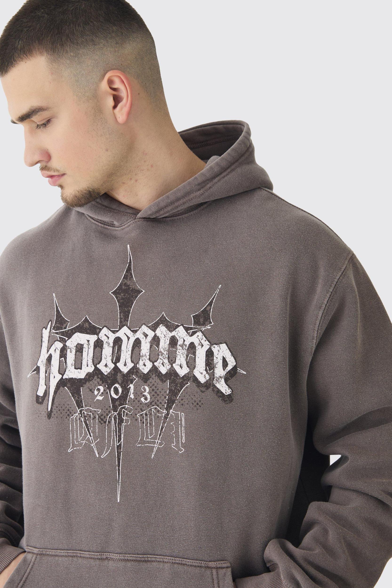 Tall Oversized Washed Homme Cross Print Hoodie In Chocolate | boohooMAN USA Product Image