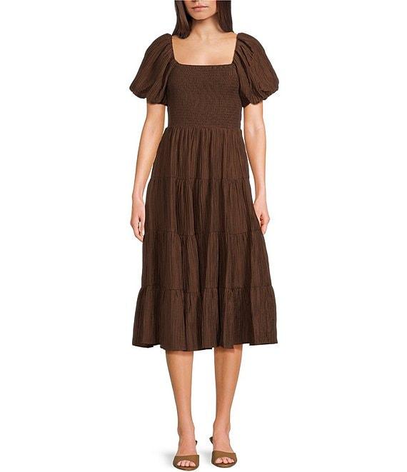 Midnight Doll Crinkle Woven Square Neck Short Puff Sleeve Smocked Bodice Dress Product Image