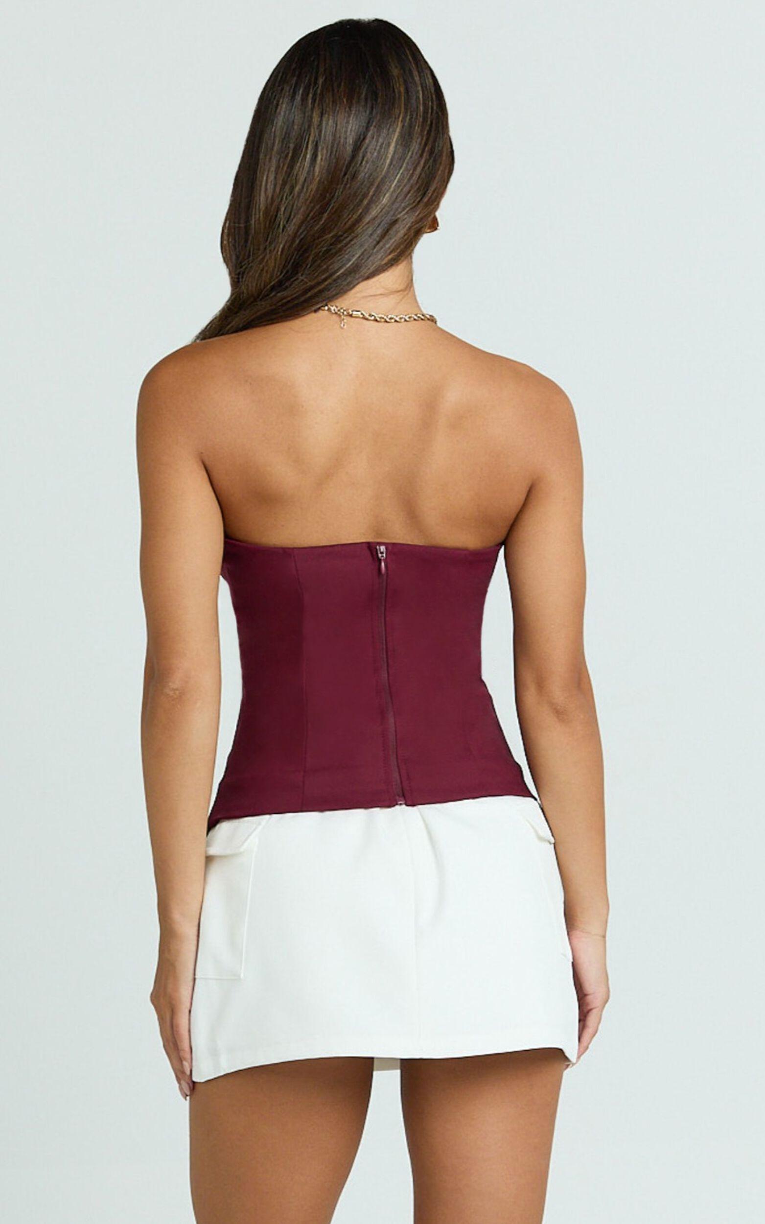 Carolyn Top - Strapless Cut Out Tailored Top in Wine Product Image