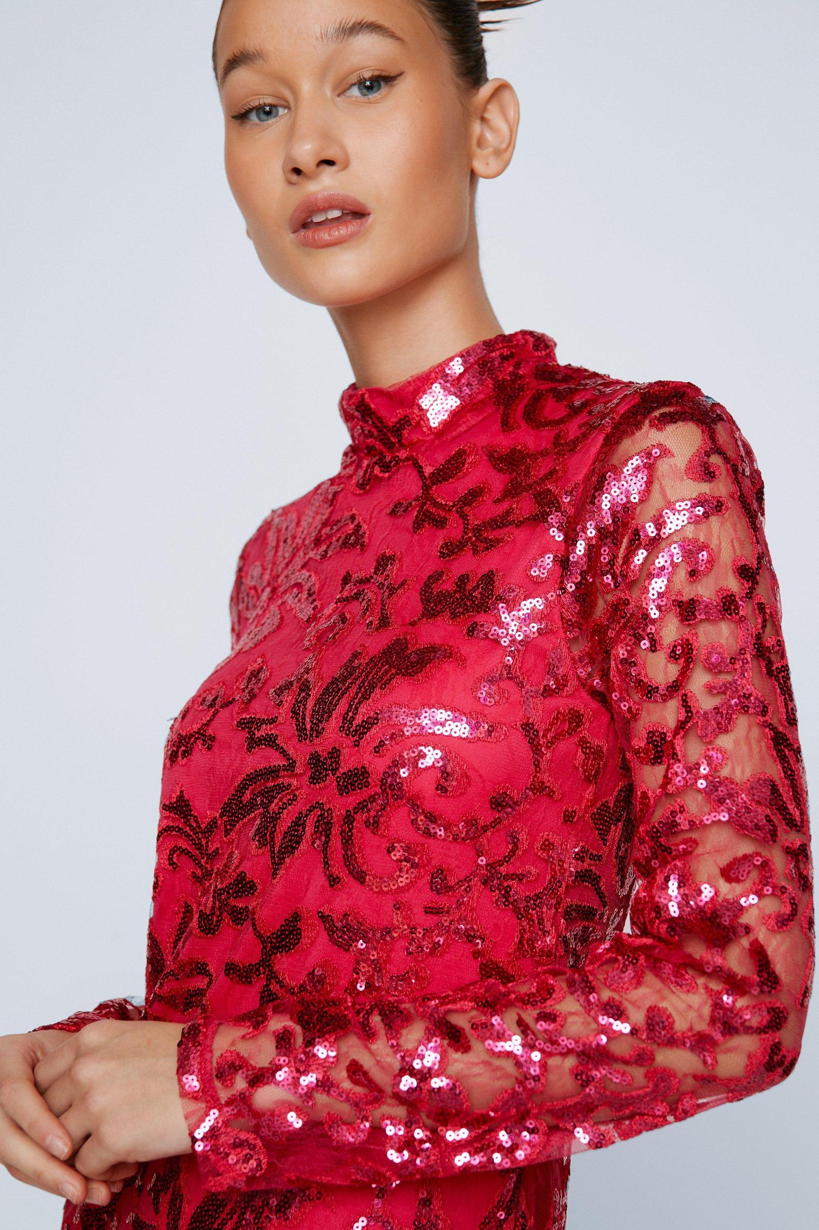 Flocked Floral High Neck Maxi Dress Product Image