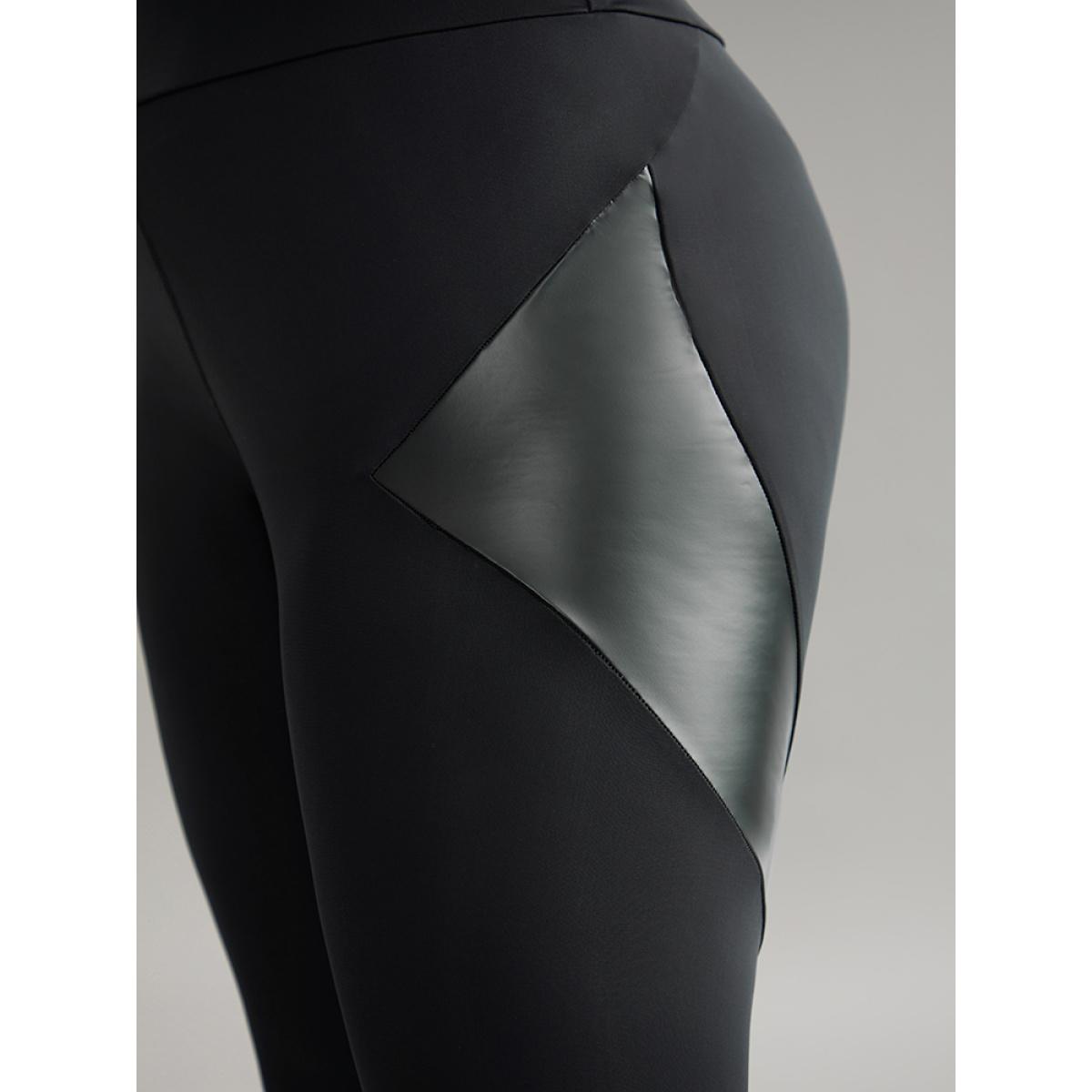 Plus Size Patchwork PU Leather High Rise Leggings Women Black Casual High stretch Skinny High Rise Dailywear Leggings BloomChic 30/6X Product Image