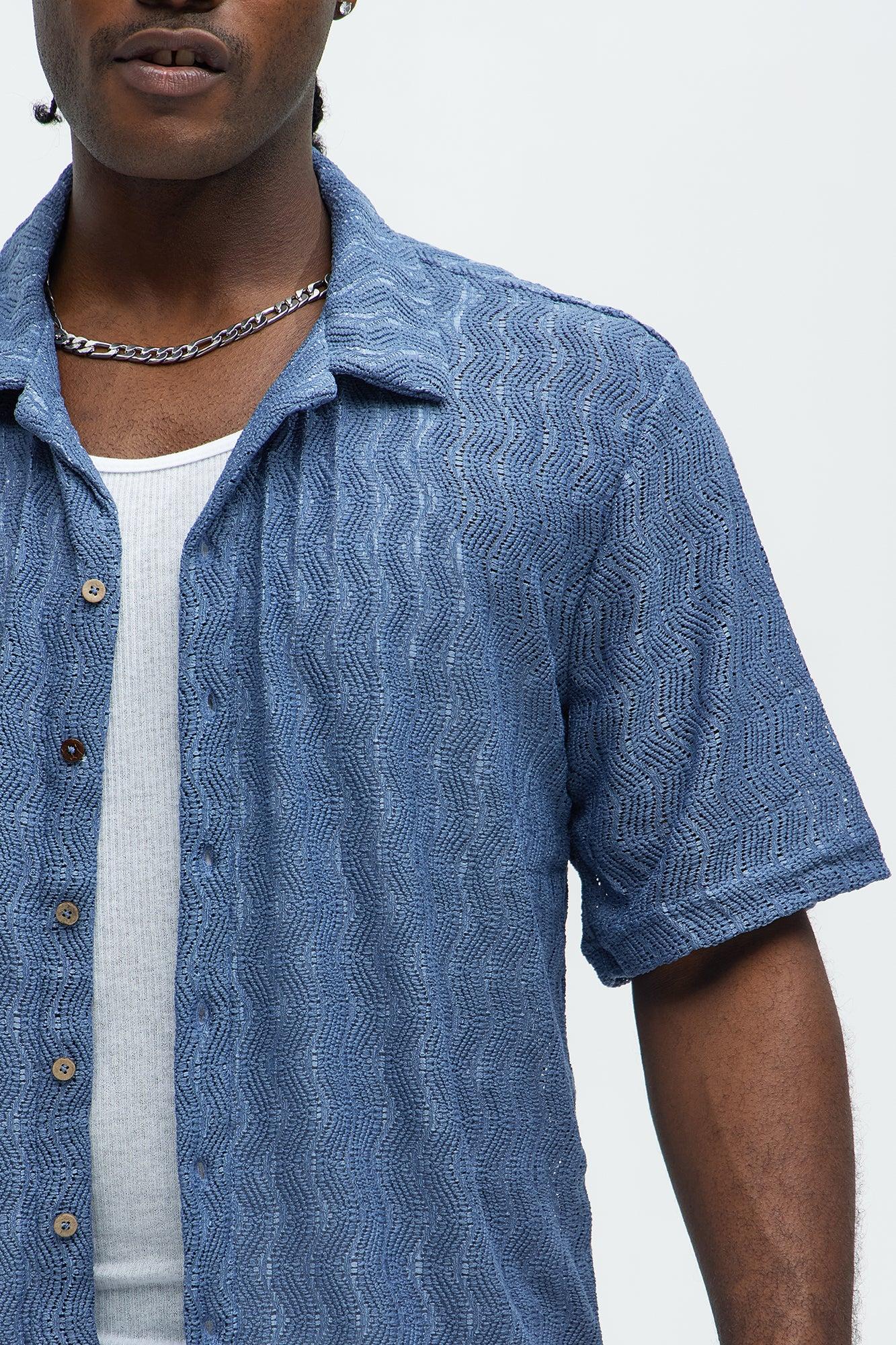 Echo Textured Short Sleeve Button Up - Blue Product Image