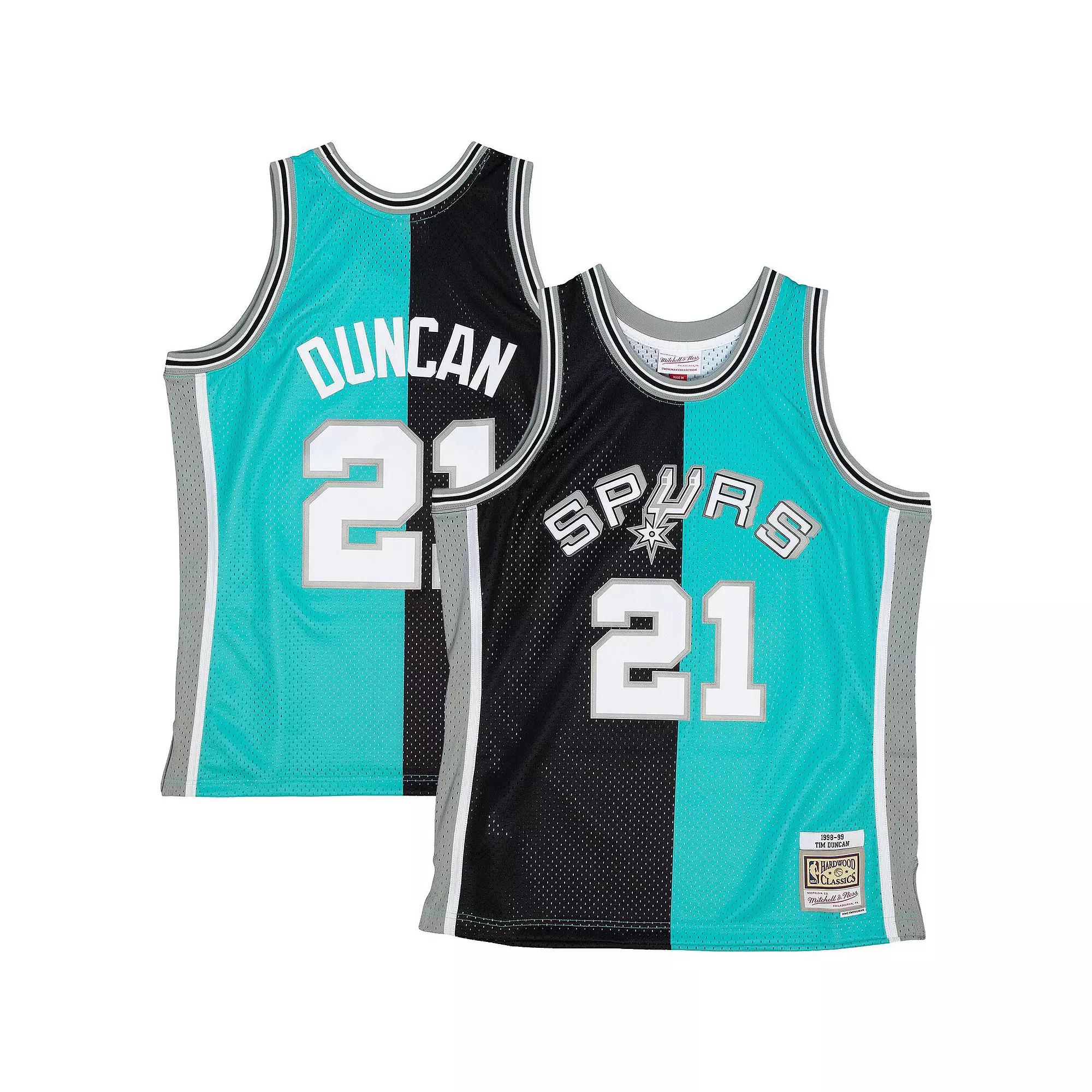 Mens Mitchell & Ness Tim Duncan /Teal San Antonio Spurs Hardwood Classics 1998-99 Split Swingman Jersey Product Image