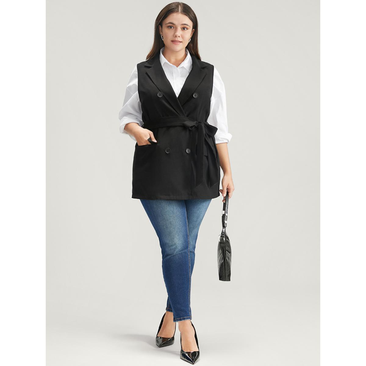 Plus Size Solid Flap Pocket Sleeveless Belt Blazer Black Women Work Plain Belted Sleeveless Sleeveless Lapel Collar 10/M Pocket Belt Office Blazers BloomChic Product Image