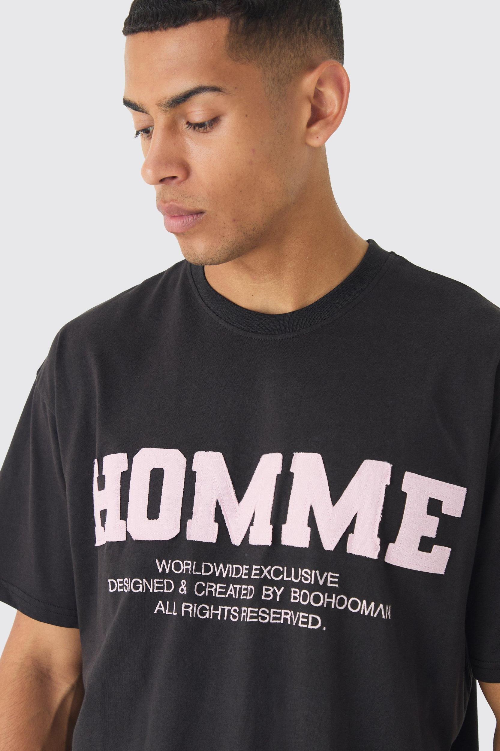 Oversized Boxy Raw Edge Applique Homme T-shirt | boohooMAN USA Product Image