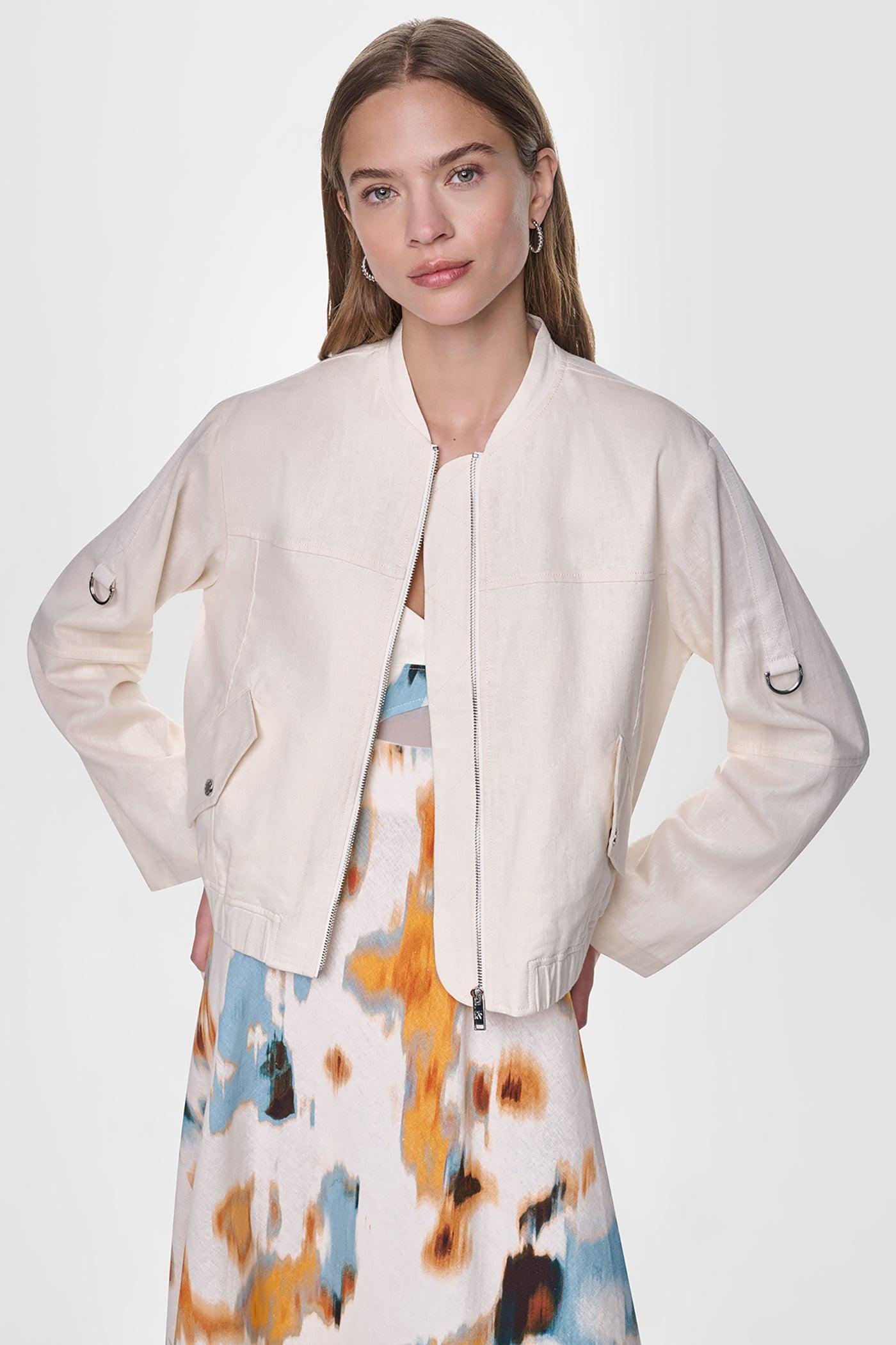 LINEN-BLEND ROLL-TAB SLEEVE BOMBER JACKET Product Image