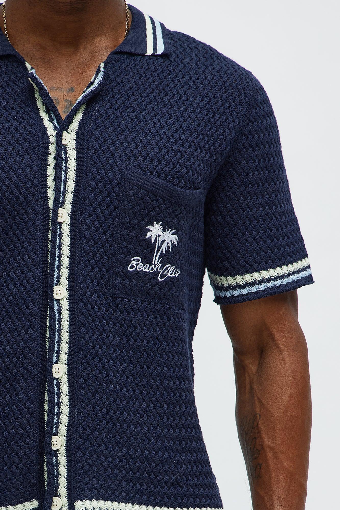 Vacay Crochet Button Up Shirt - Navy Product Image