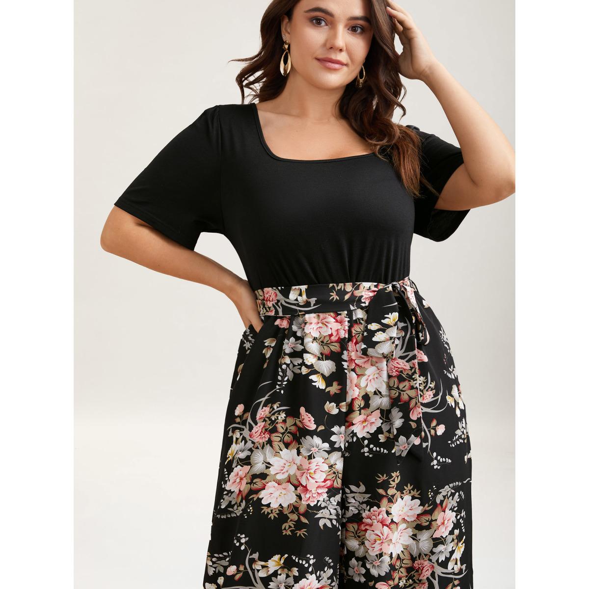 Plus Size Black Color Contrast Belted Panel Pockets Jumpsuit Women Timeless Short sleeve Square Neck Elegant Loose Jumpsuits BloomChic 28/5X Product Image