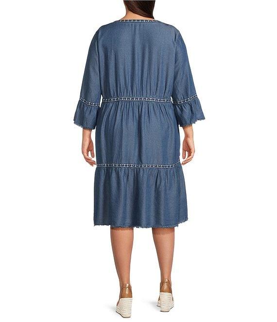 John Mark Plus Size Embroidered Split V-Neck 3/4 Flounce Sleeve Tiered Dress Product Image