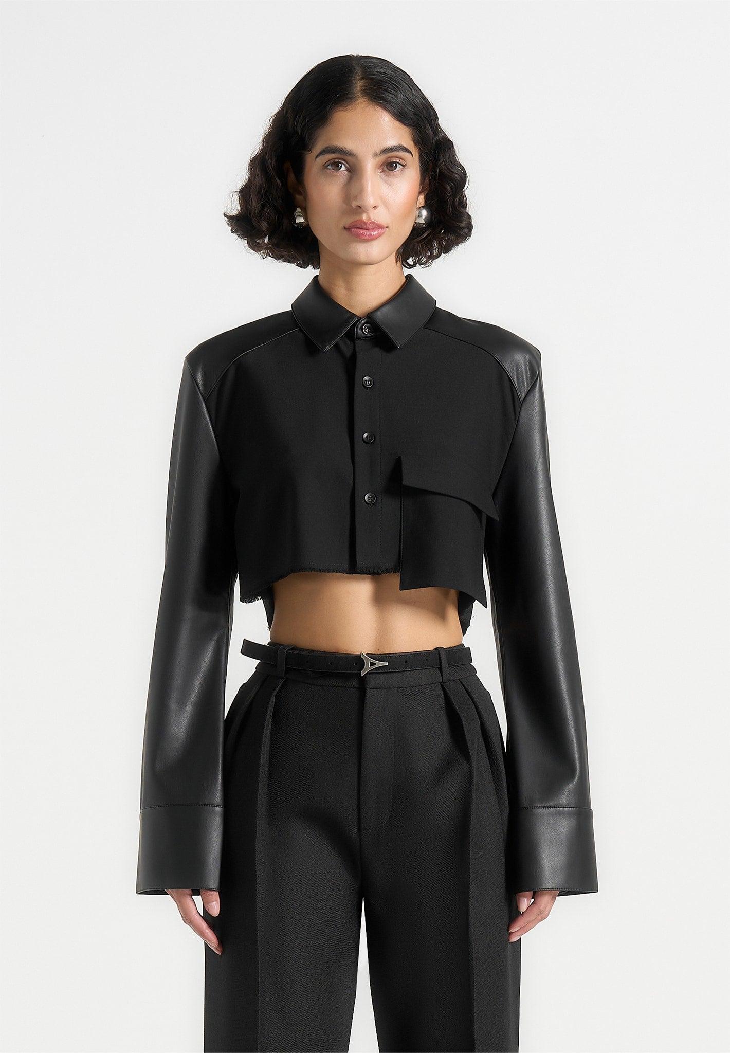 Bernadette - Leather Contrast Cropped Shirt - Black Female Product Image