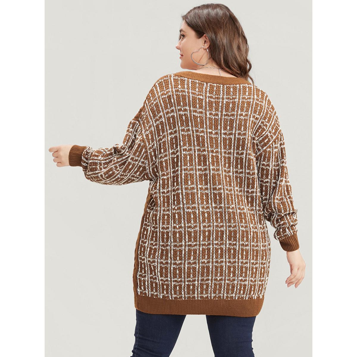 Plus Size Gingham Contrast Soft Sexy Yarn Knit Cable Knit Button Front Cardigan Bronze Women Casual Loose Long Sleeve Dailywear Cardigans BloomChic 10/M Product Image