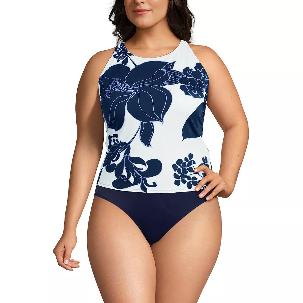 Plus Size Lands' End DD-Cup Tugless High Neck Strappy Back Tankini Swimsuit Top, Women's, Size: 20W Dd, White Navy Lilies Product Image