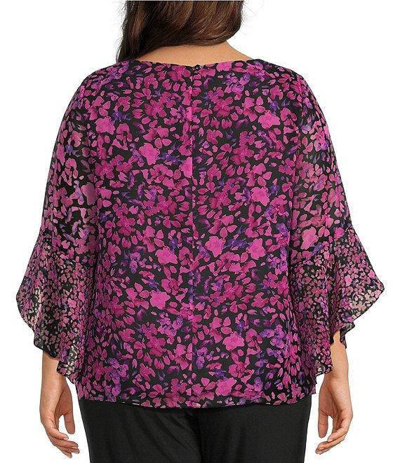 Kasper Plus Size Floral Chiffon Boat Neck 3/4 Ruffle Sleeve Blouse Product Image