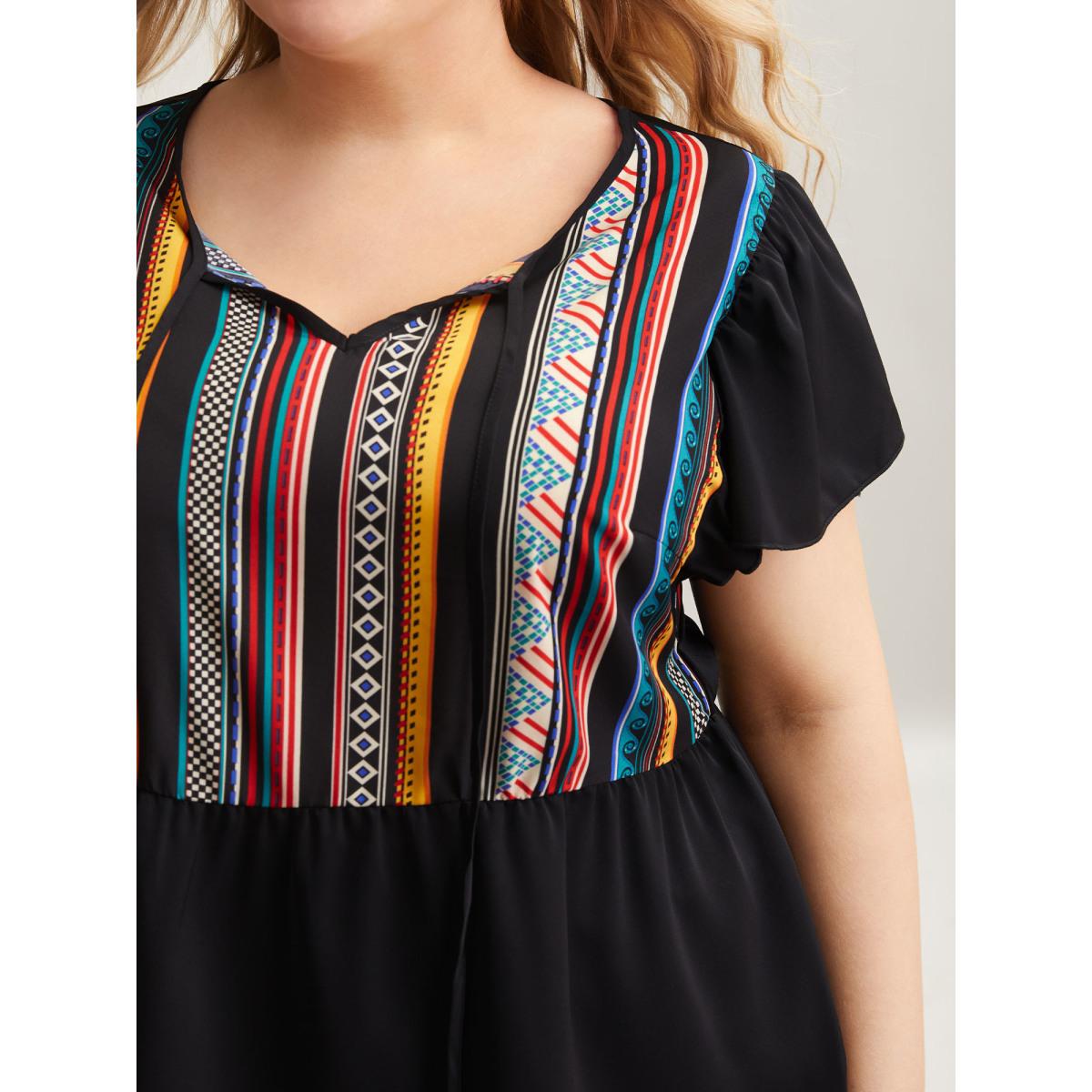 Plus Size Black Multi-Color Striped Neck Tie Shirt Women Casual Cap Sleeve Notched collar Everyday Blouses BloomChic 18-20/2X Product Image