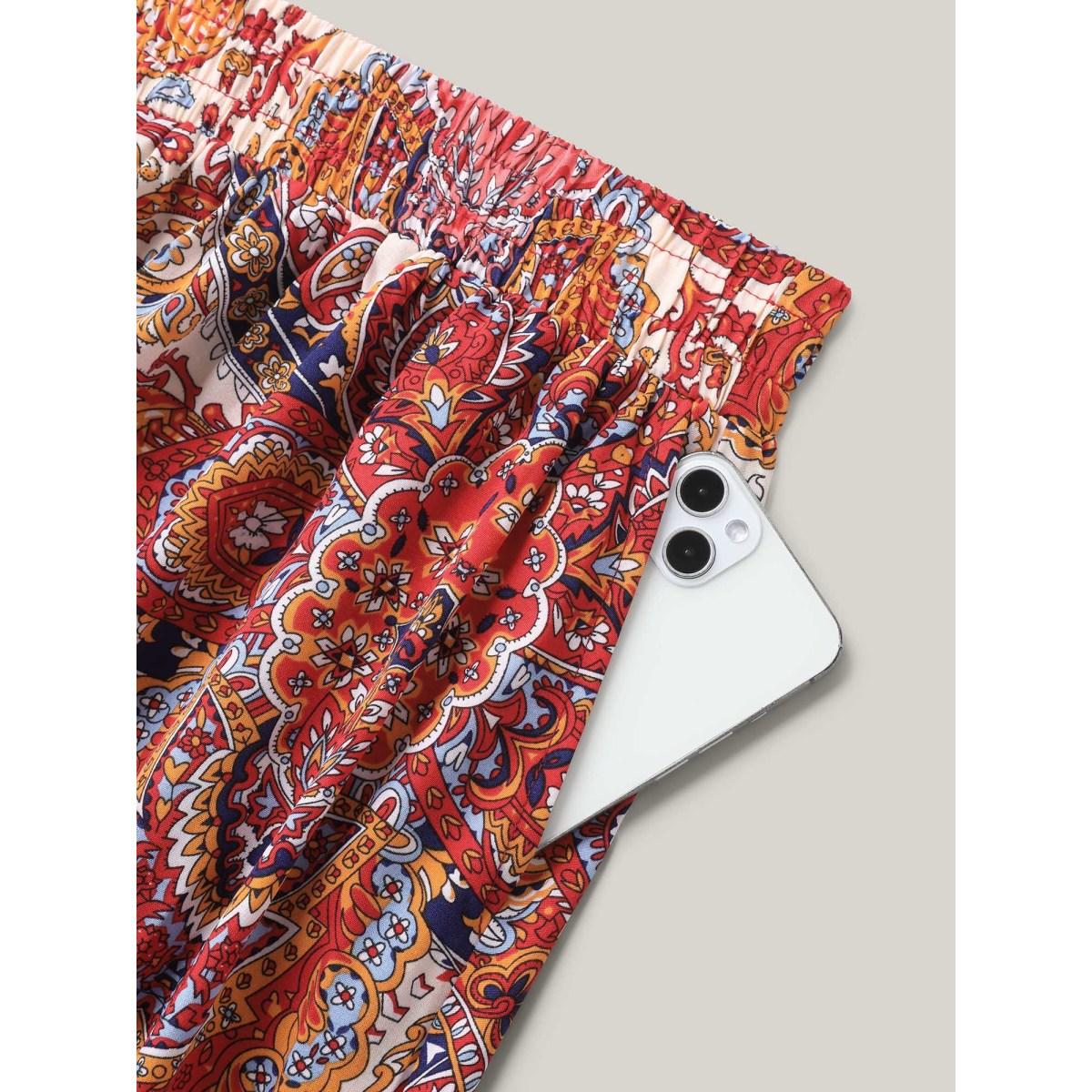 Plus Size Paisley Print Tassels Spliced Midi Skirt Women Crimson Elegant Tassels Bodycon Low stretch Slanted pocket Everyday Skirts BloomChic 14-16/1X Product Image