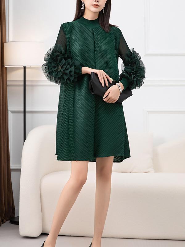 Long Sleeves Loose Embroidered Pleated Solid Color Round-Neck Midi Dresses Product Image