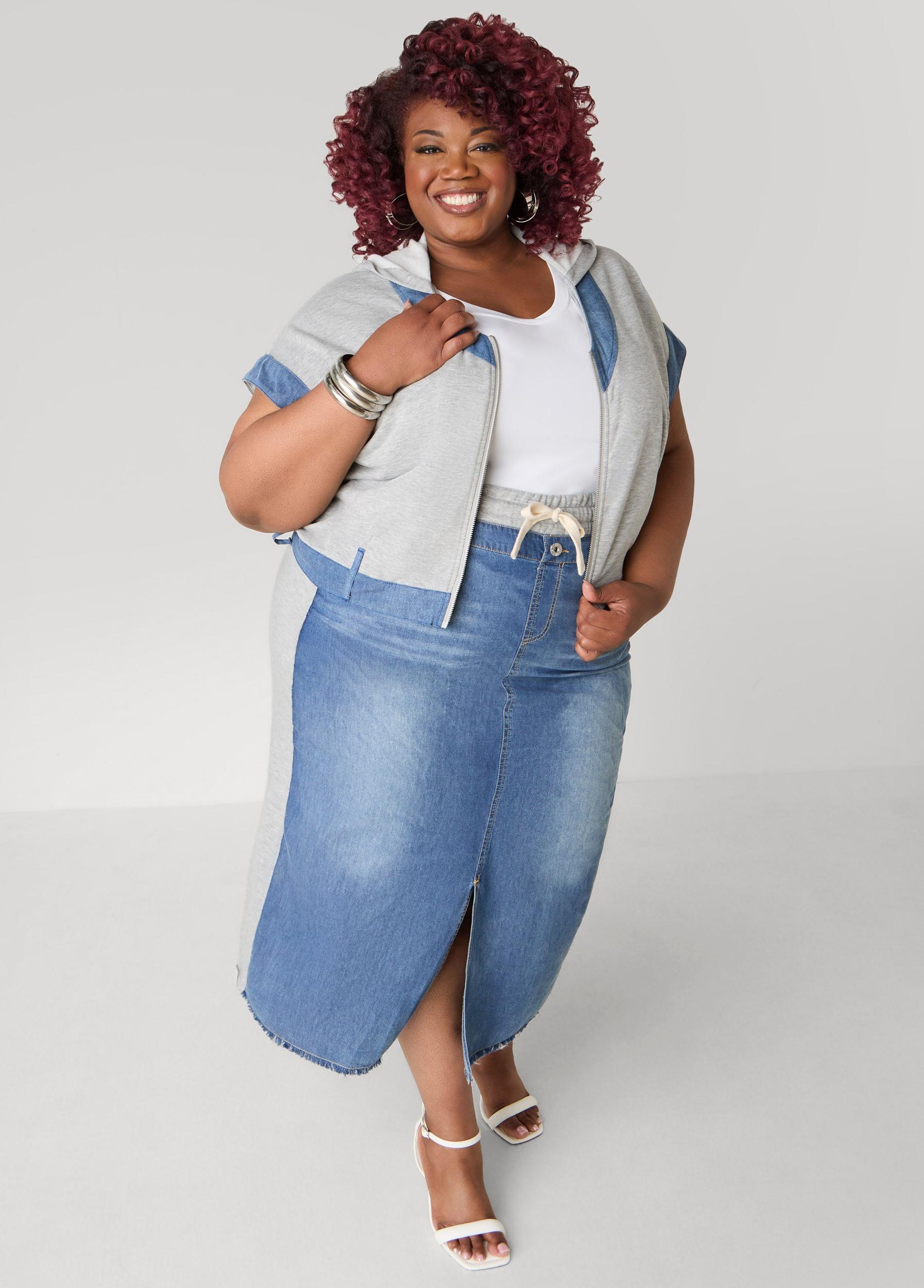 Plus Size Denim Trimmed French Terry Hoodie Ashley Stewart Product Image