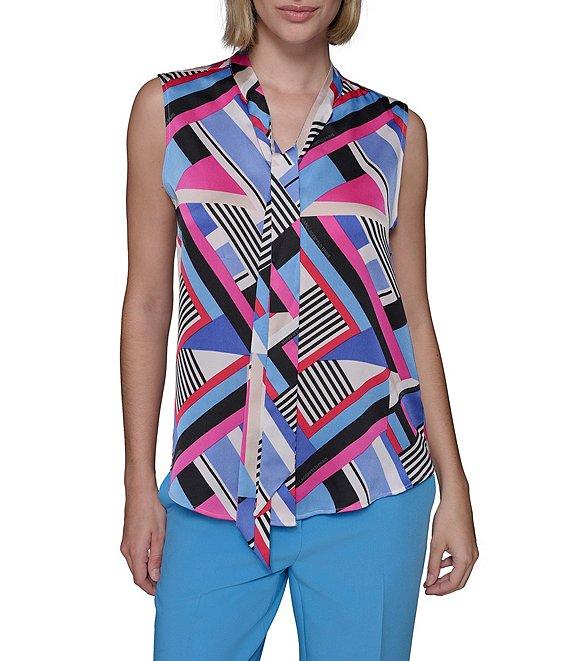 KARL LAGERFELD PARIS Geometric Printed Satin Crepe De Chine Tie-Neck Sleeveless Blouse Product Image