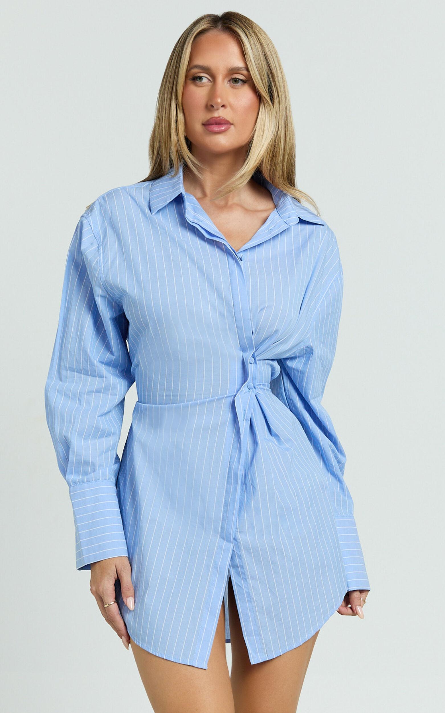 Sanya Mini Dress - Cinched Waist Stripe Dress in Blue Product Image