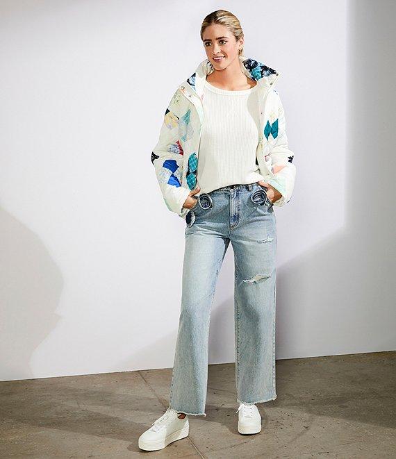 C&V Chelsea & Violet Distressed Rosette Wide Leg Denim Jeans Product Image