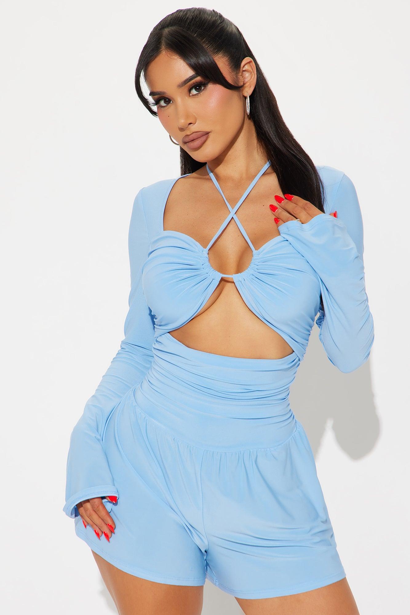 Amber Long Sleeve Ruched Romper - Light Blue Product Image