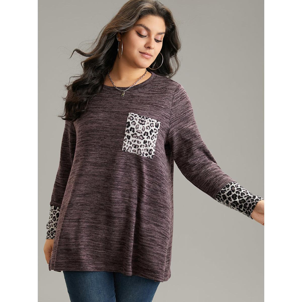 Plus Size Leopard Patchwork Heather Patched Pocket T-shirt Purple Women Casual Contrast Leopard Round Neck Dailywear T-shirts BloomChic 10/M Product Image