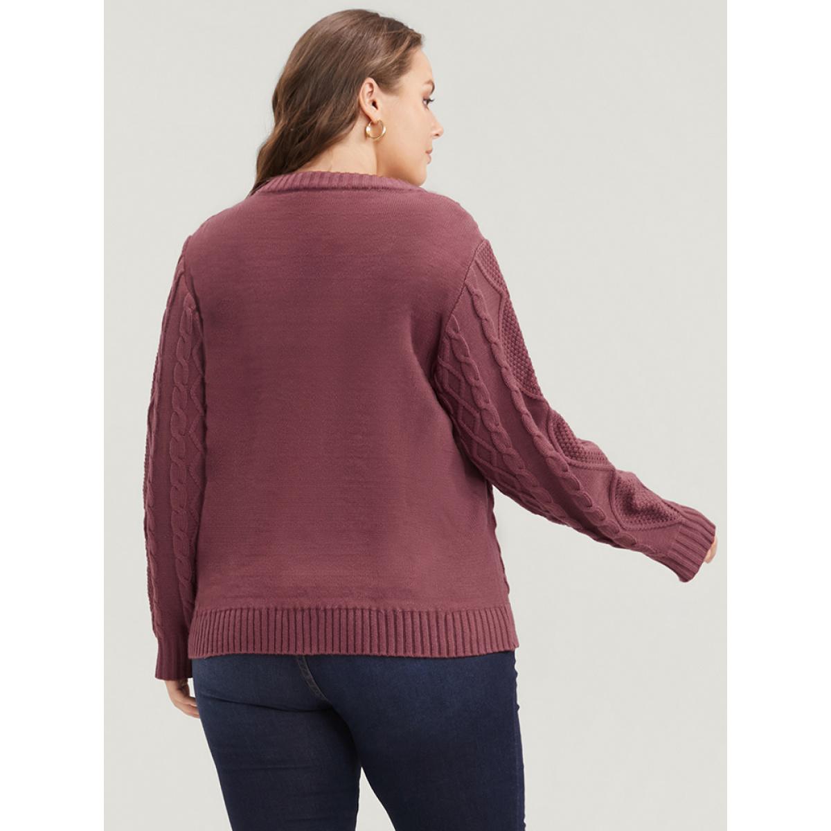 Plus Size Solid Pointelle Knit Round Neck Geometric Cable Knit Top Russet Women Casual Long Sleeve Round Neck Dailywear Pullovers BloomChic 14-16/1X Product Image