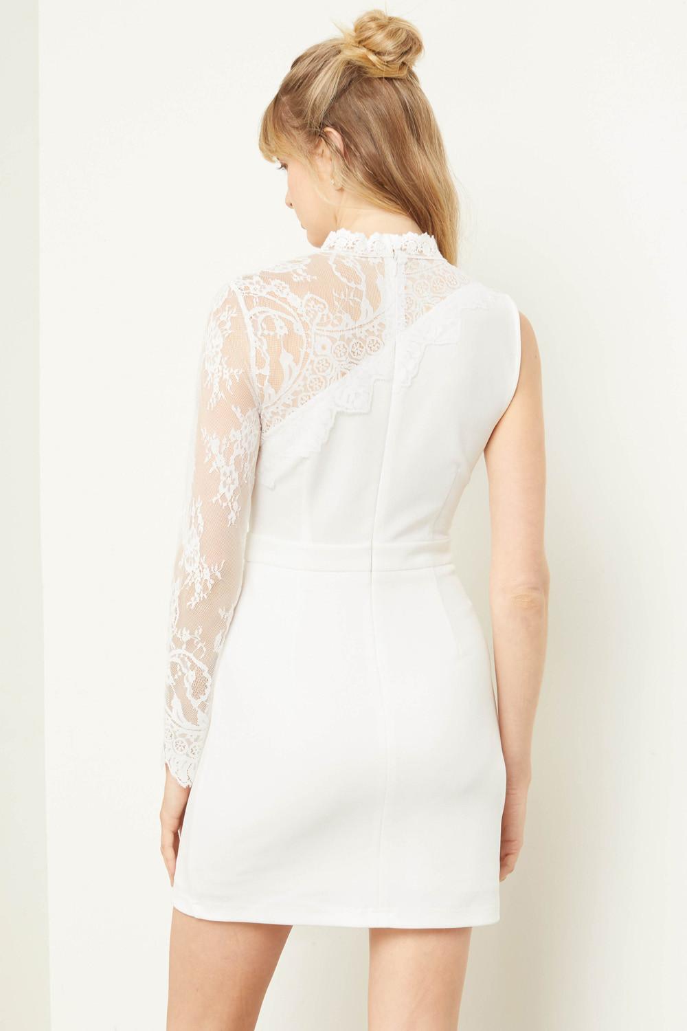 Solid Mock Neck Lace One Sleeve Dress Product Image