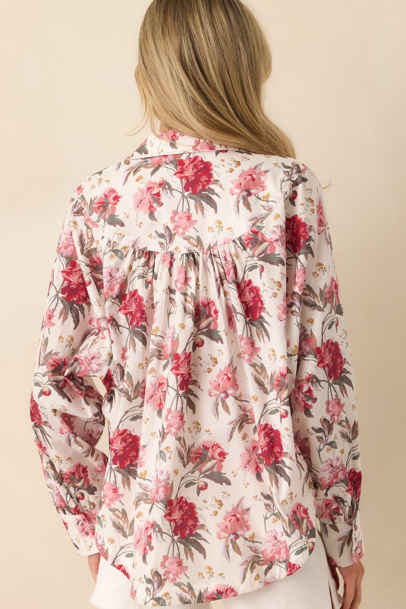 Exactly The Vibe Pink Multi Floral Print Cotton Button Front Top L / Pink Product Image