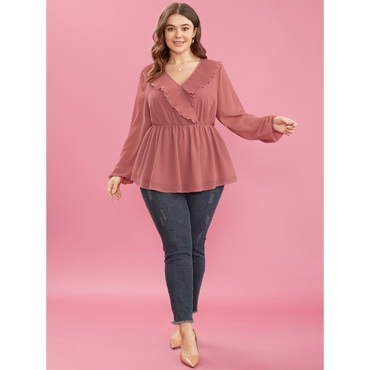 Plus Size DustyPink Solid Lantern Sleeve Pleated Ruffle Trim Wrap Blouse Women Elegant Long Sleeve V-neck Dailywear Blouses BloomChic 12/L Product Image