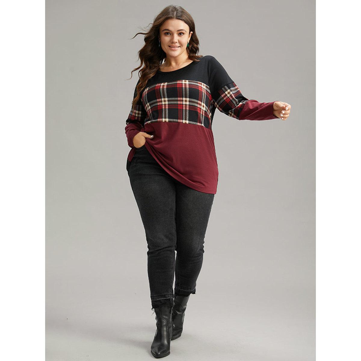 Plus Size Two Tone Patched Pocket Drop Shoulder Sweatshirt Women DarkBrown Casual Elastic cuffs Round Neck Everyday Sweatshirts BloomChic 26/4X Product Image