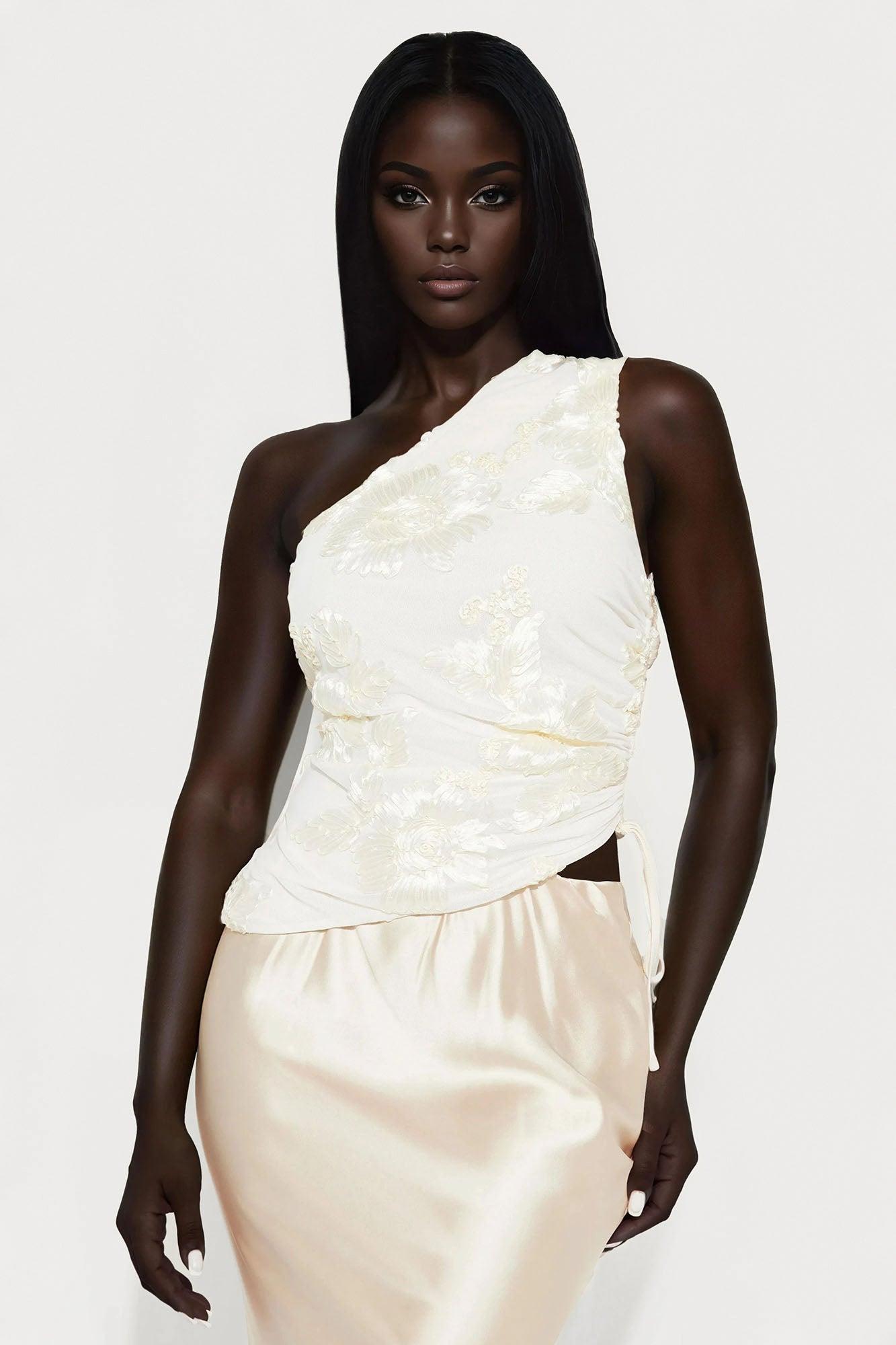 Floral Glow One Shoulder Asymmetrical Top - Ivory Female Product Image