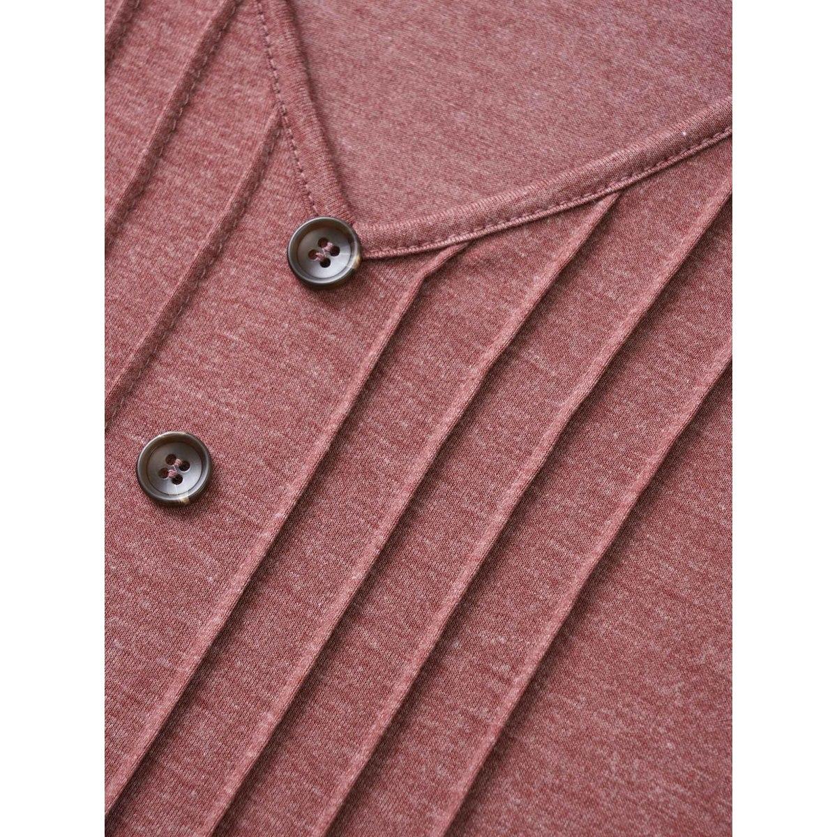 Plus Size Solid Pleated Front Button Detail V Neck T-shirt Russet Women Casual Button Plain Everyday T-shirts BloomChic 14-16/1X Product Image