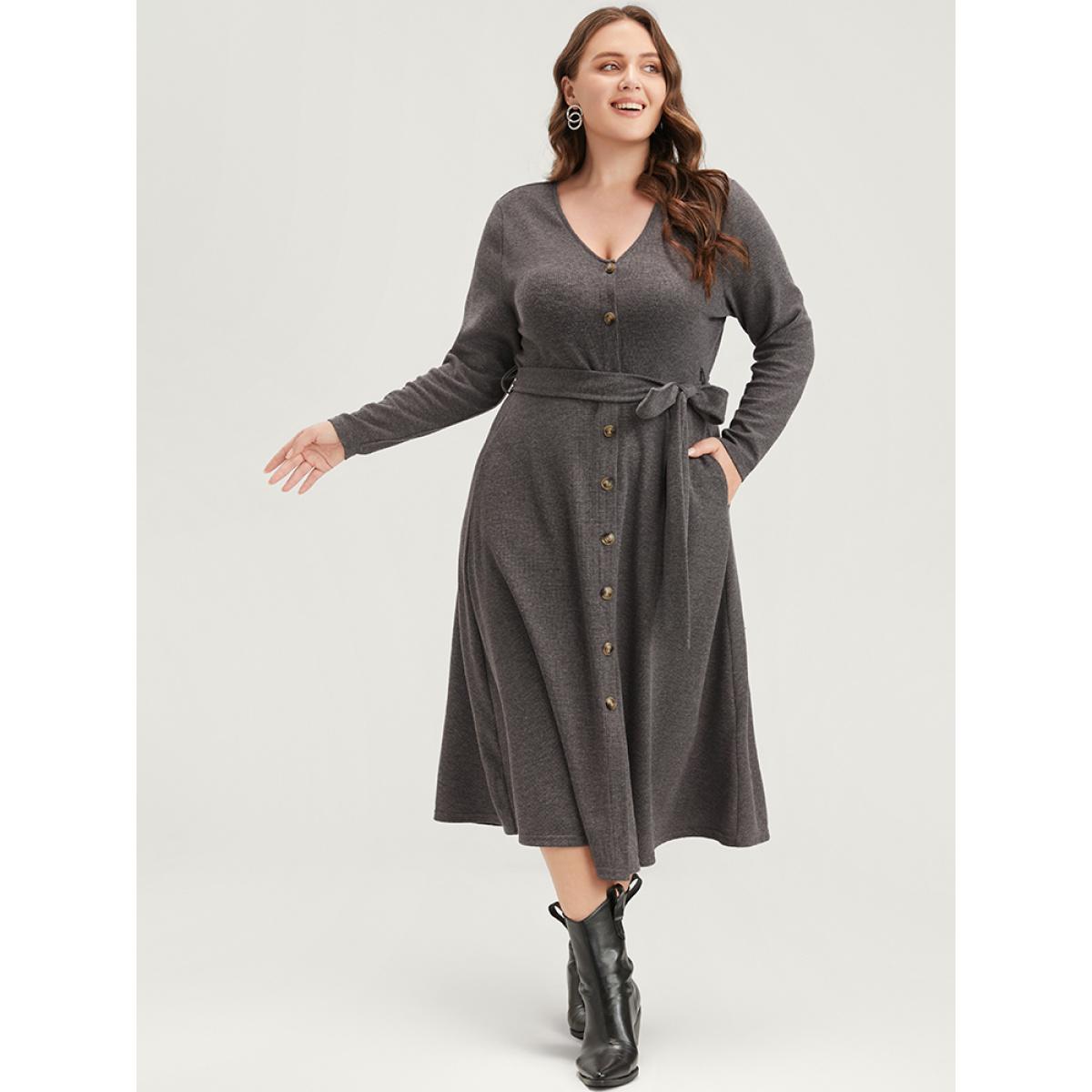 Plus Size Solid Pocket Button Up Belted Rib Knit Dress DarkGray Women Elegant Button V-neck Long Sleeve Curvy Midi Dress BloomChic 14-16/1X Product Image